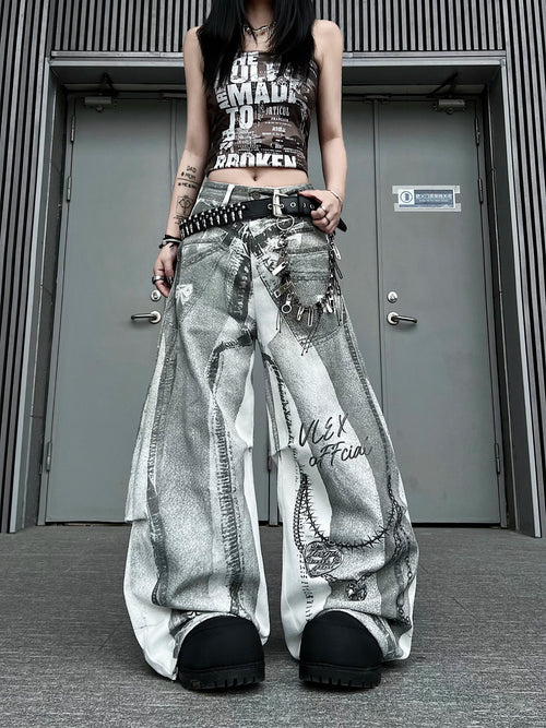 TR BRUSHHIFT 3D digital printing direct spray process jeans American Y2K pleated curved knife wide leg pants