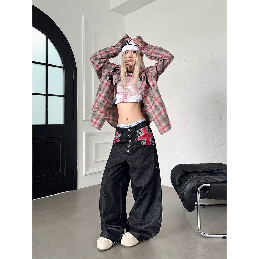 TR BRUSHHIFT American Street Rice Flag Printed Original Beef Jeans Wide Leg Nail Bead Multi breasted Pants