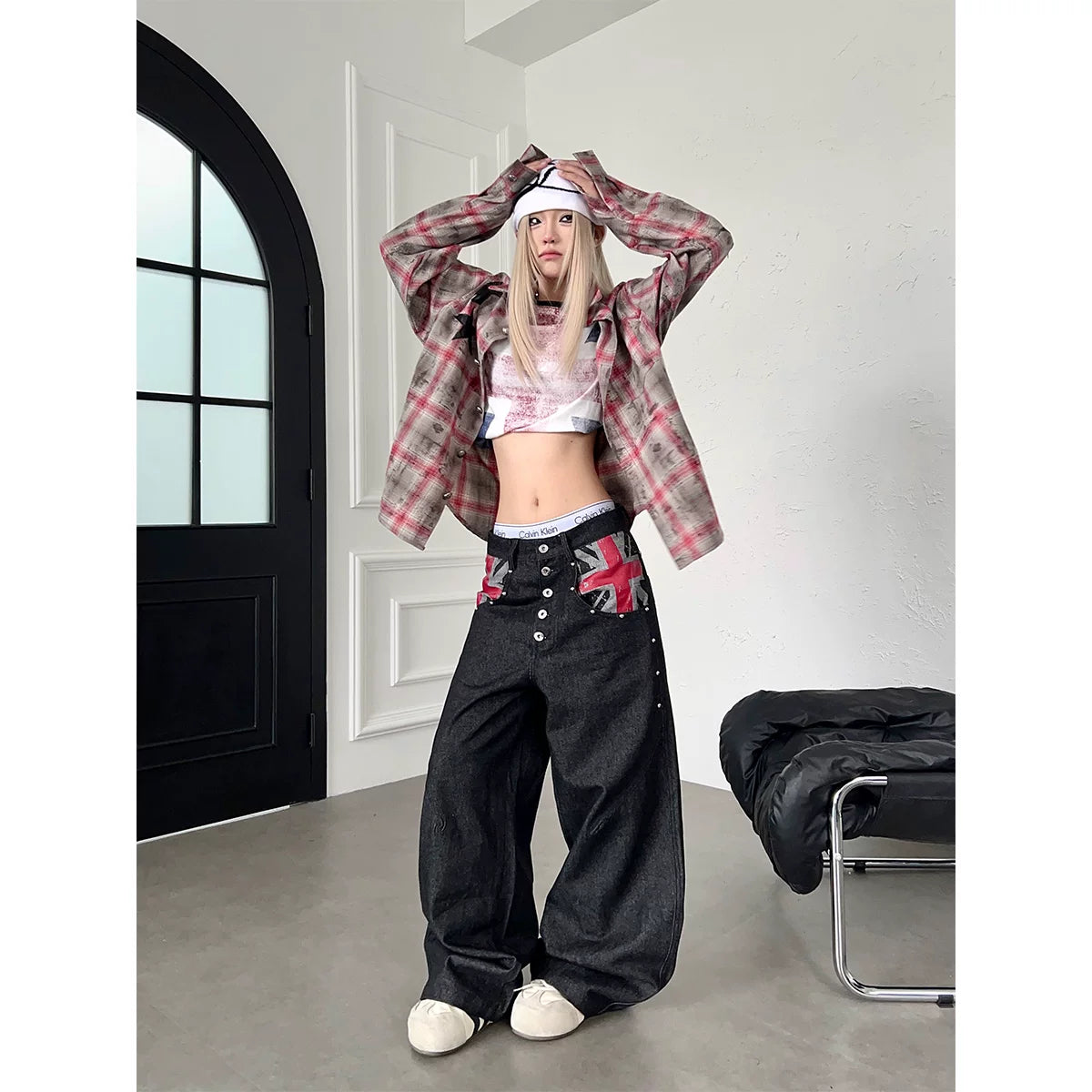 TR BRUSHHIFT American Street Rice Flag Printed Original Beef Jeans Wide Leg Nail Bead Multi breasted Pants