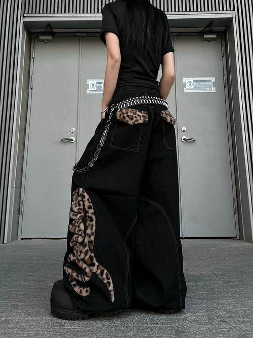 TR BRUSHHIFT American retro embroidered leopard print plush jeans loose jazz dance curved knife wide leg pants