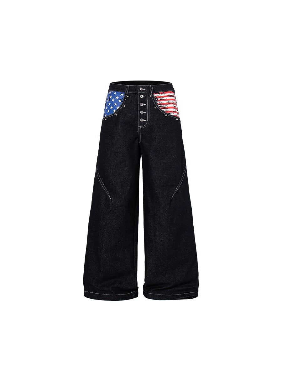 TR BRUSHHIFT American retro vintage vintage flag print nail bead jeans wide leg multi breasted long pants