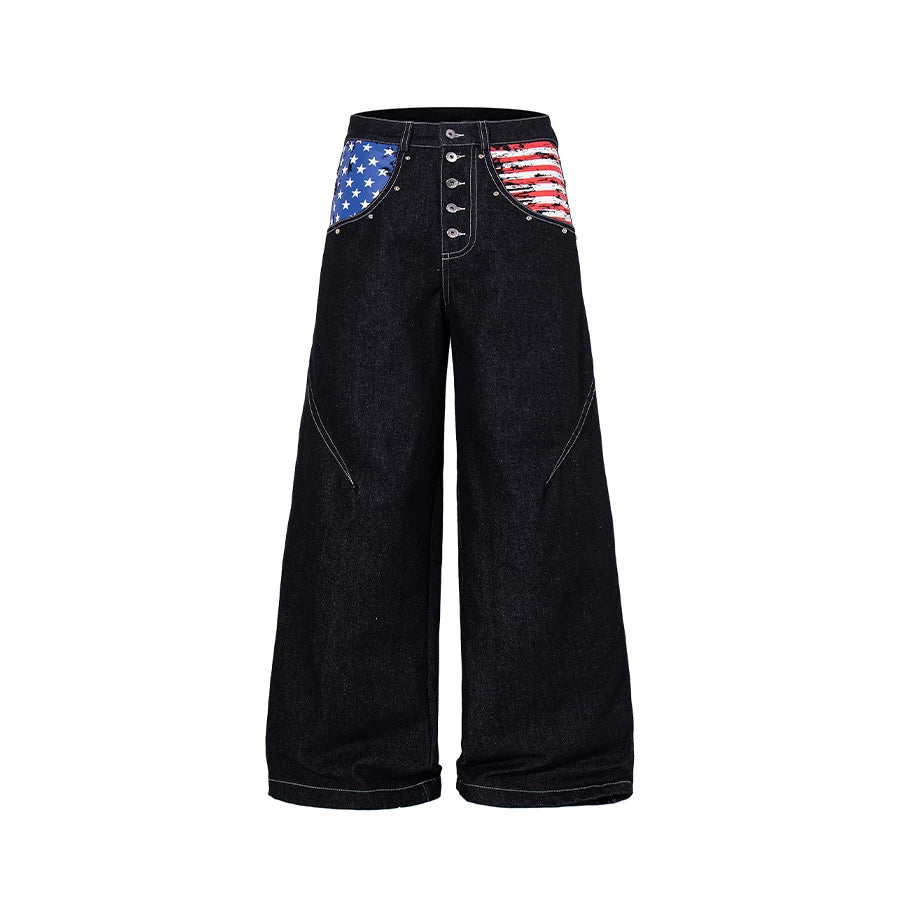 TR BRUSHHIFT American retro vintage vintage flag print nail bead jeans wide leg multi breasted long pants