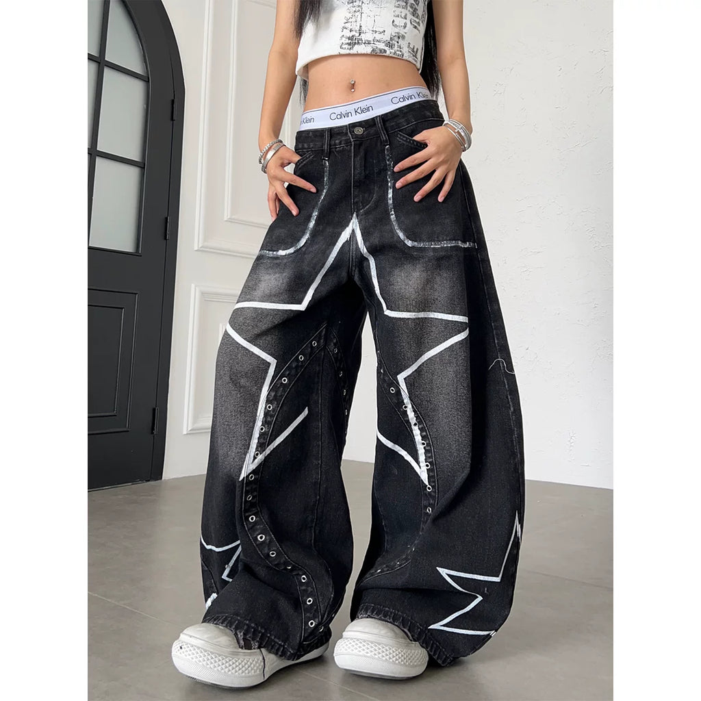 TR BRUSHHIFT American Punk Pentagram Hand drawn Graffiti Deconstruction Jeans Washed Bent Knife Wide Leg Pants