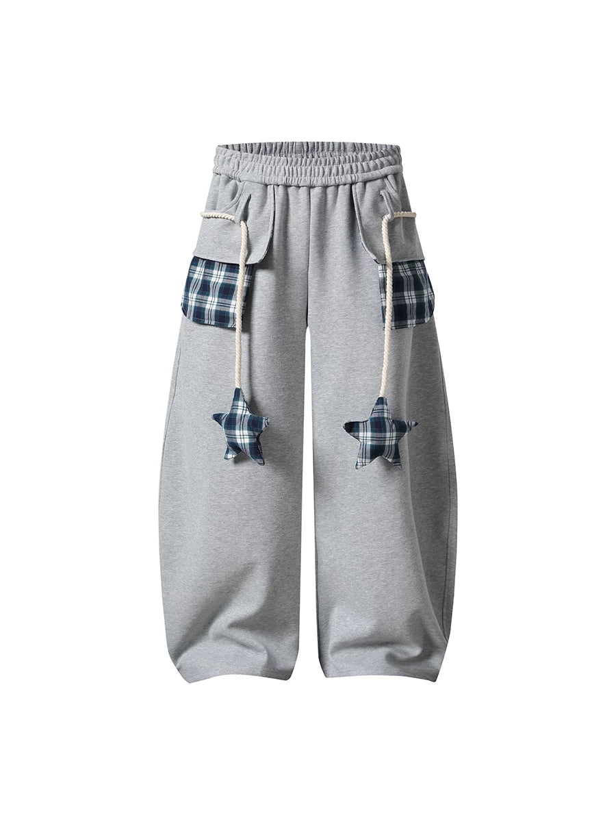 TR BRUSHHIFT American style patchwork plaid strap curved knife casual thick cotton pants with drooping jazz dance wide leg pants