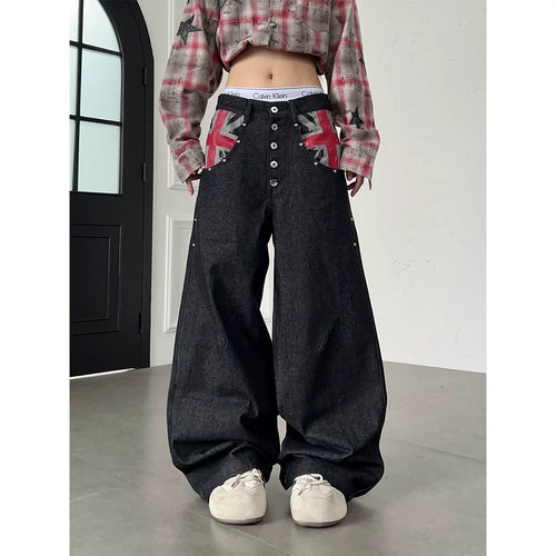 TR BRUSHHIFT American Street Rice Flag Printed Original Beef Jeans Wide Leg Nail Bead Multi breasted Pants