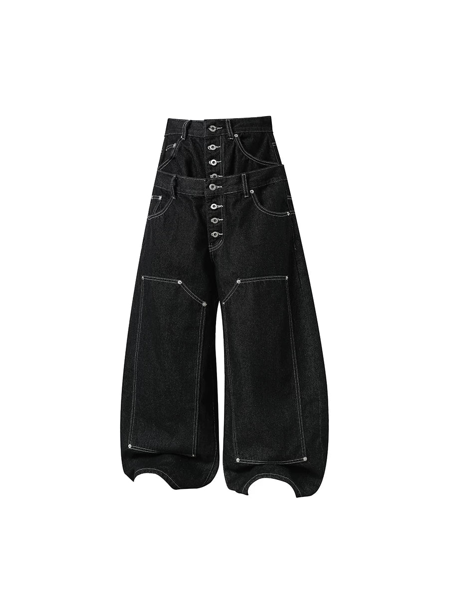 TR BRUSHHIFT American Heavy Industry Eight Loop Buckle Double Head Waist Original Bull Street Loose Straight Tube Logging Jeans