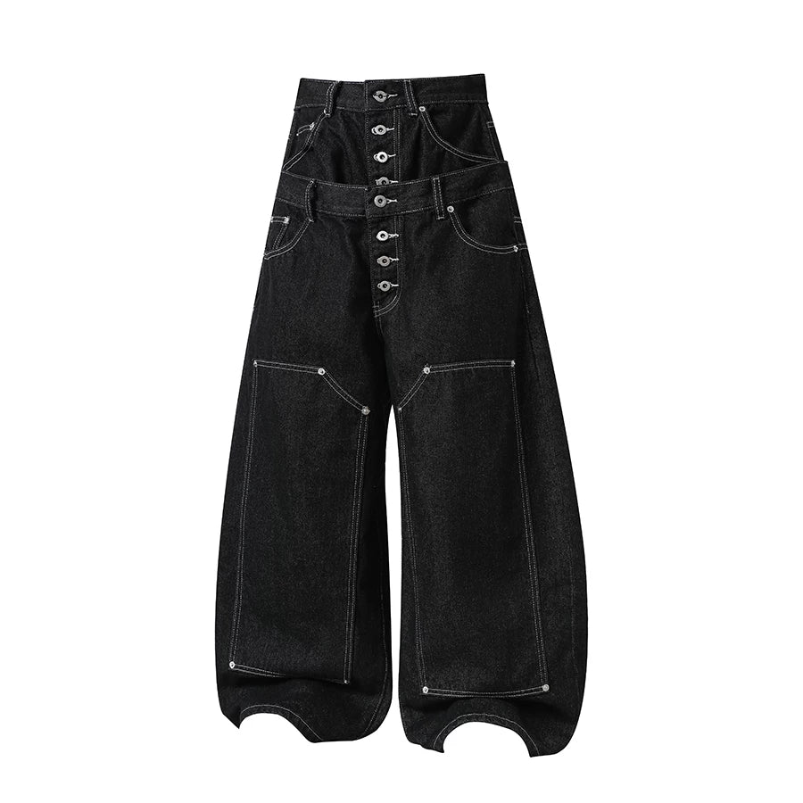 TR BRUSHHIFT American Heavy Industry Eight Loop Buckle Double Head Waist Original Bull Street Loose Straight Tube Logging Jeans