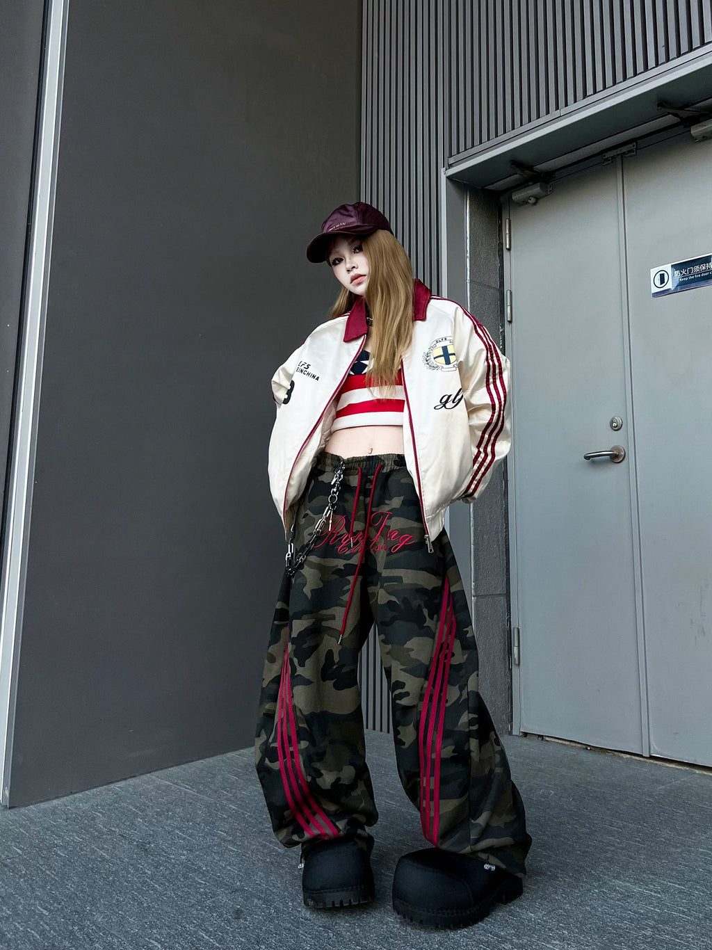 TR BRUSHHIFT American letter embroidery three bar camouflage curved knife casual pants loose floor wide leg pants