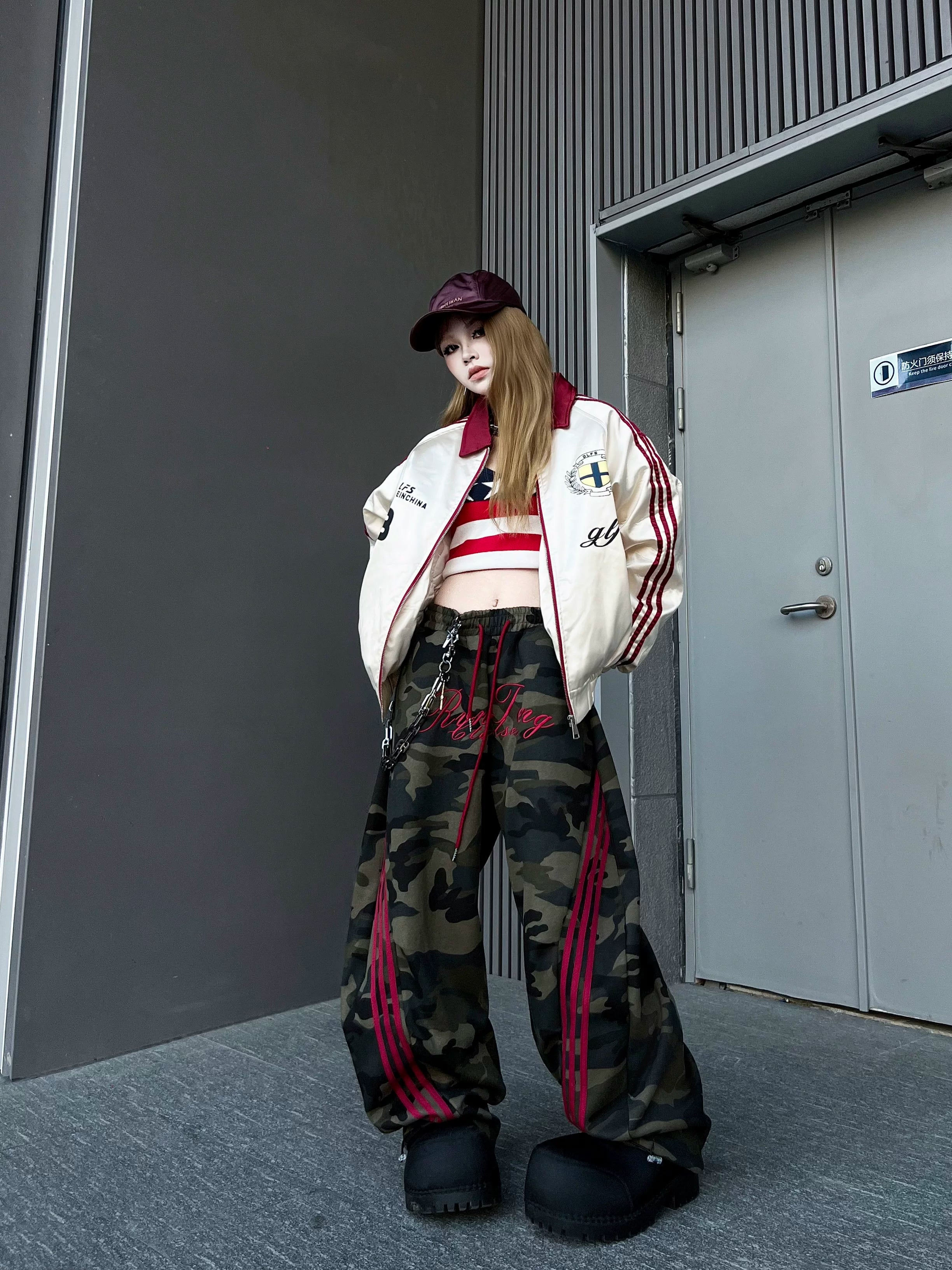 TR BRUSHHIFT American letter embroidery three bar camouflage curved knife casual pants loose floor wide leg pants