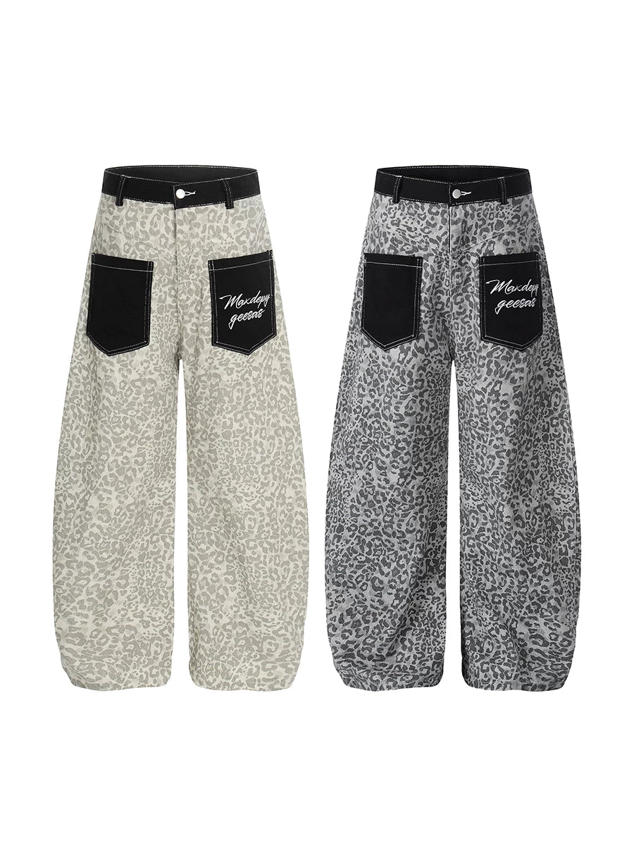 TR BRUSHHIFT American retro leopard print patch pocket jeans street loose wide leg curved knife pants