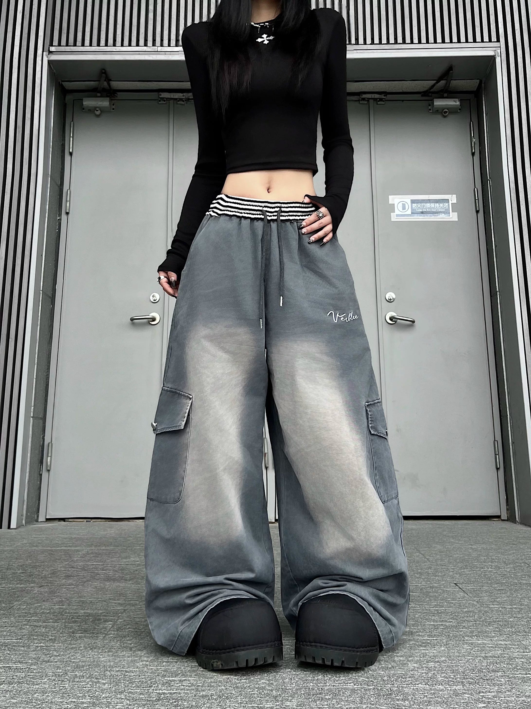 TR BRUSHHIFT American washed distressed elastic jeans for men and women, loose wide leg work pants trendy on the streets