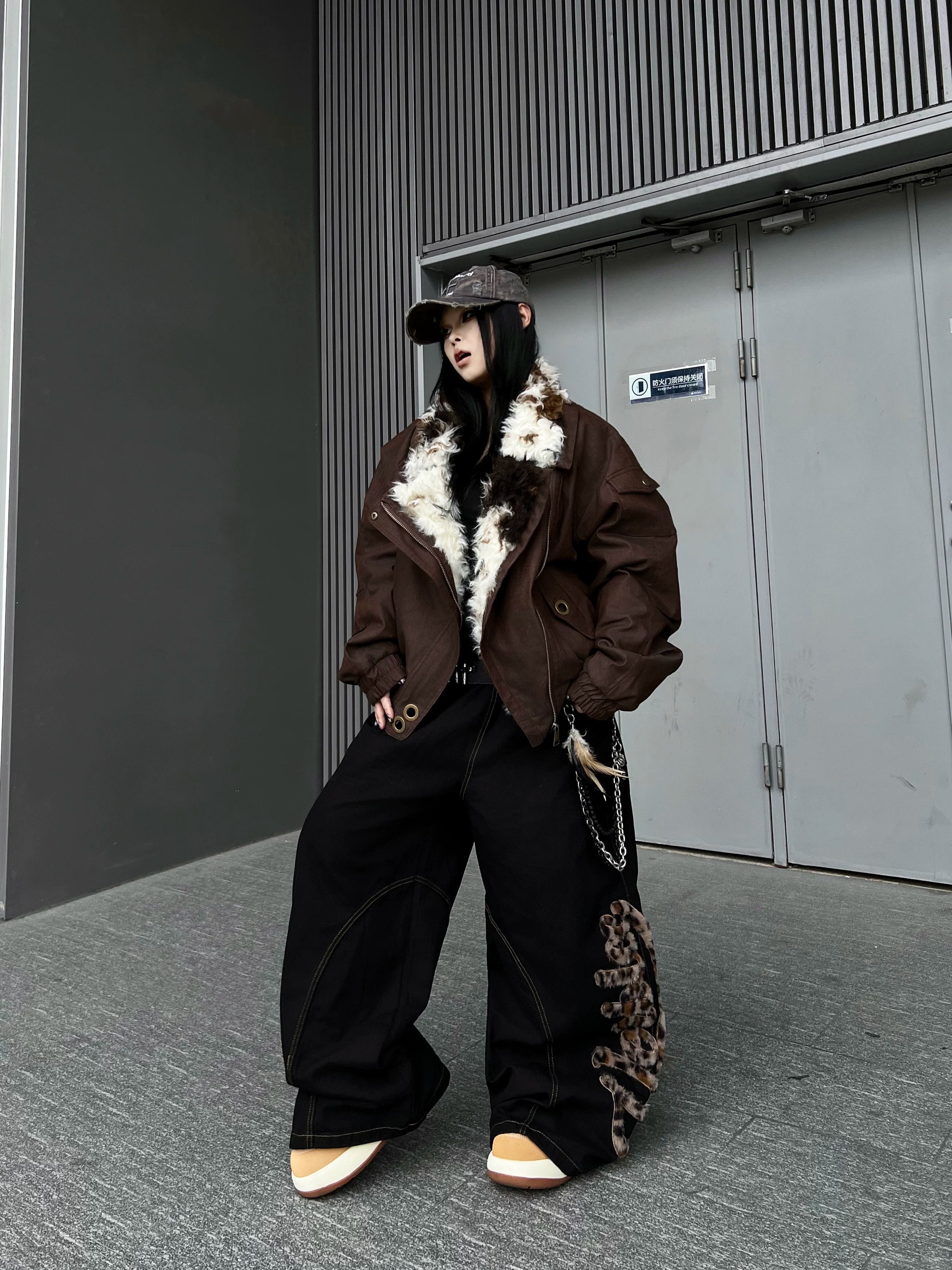 TR BRUSHHIFT American retro embroidered leopard print plush jeans loose jazz dance curved knife wide leg pants
