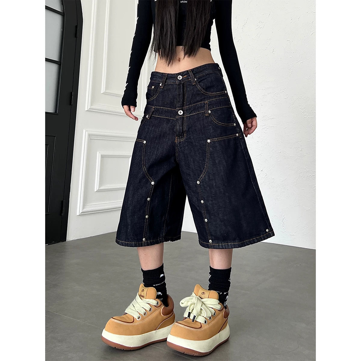 TR BRUSHHIFT American Rivet Deconstruction Double Waist Head Design Cowboy Seven Leg Pants Loose Wide Leg Shorts Summer