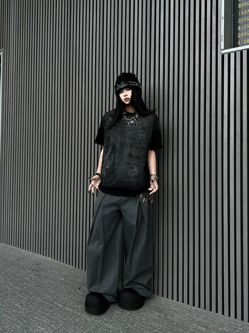 TR BRUSHHIFT double waisted pleated A-line wide leg striped trousers for men and women, loose hanging casual pants