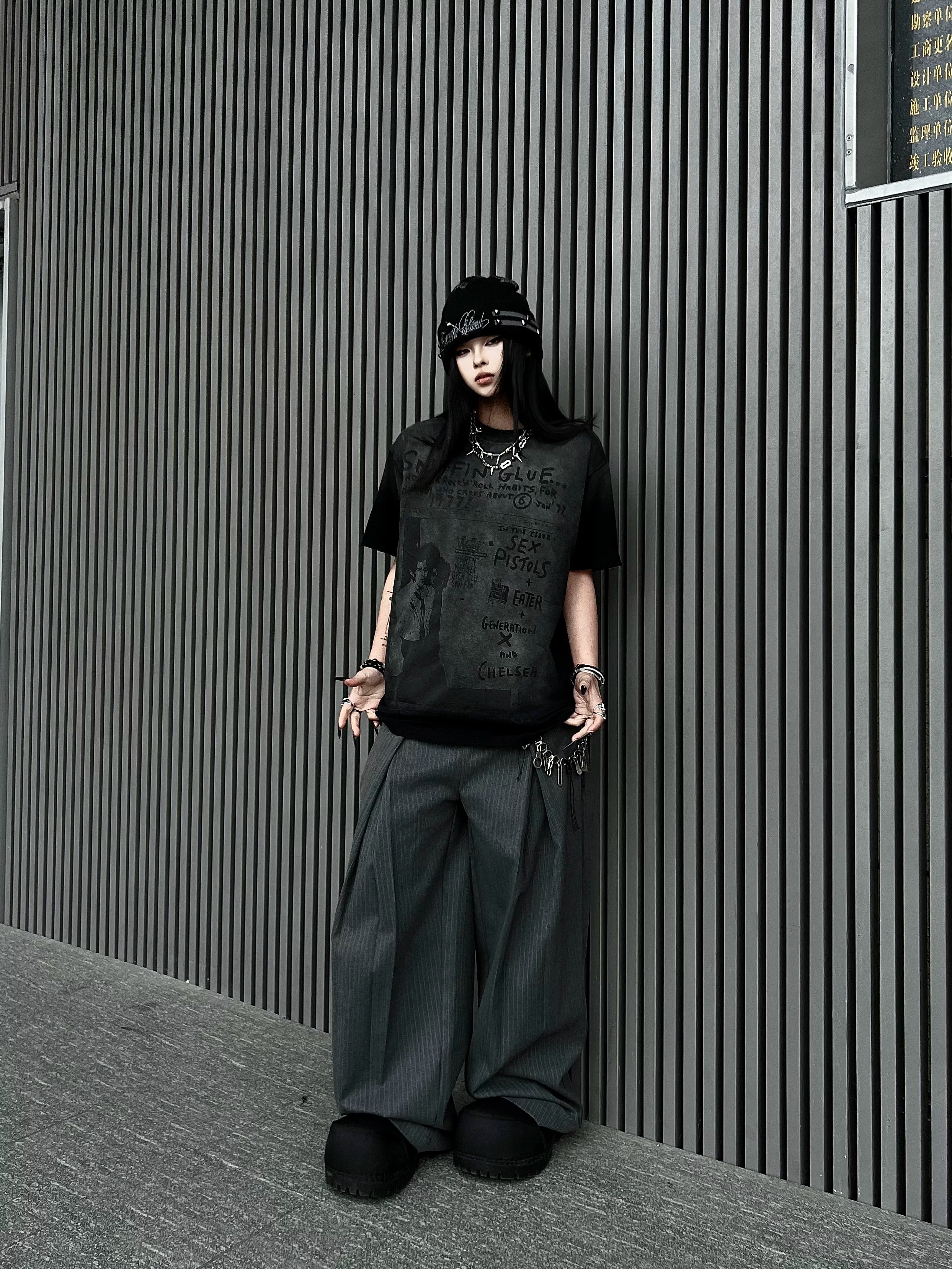 TR BRUSHHIFT double waisted pleated A-line wide leg striped trousers for men and women, loose hanging casual pants