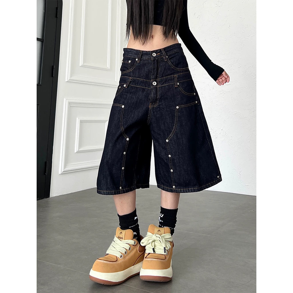 TR BRUSHHIFT American Rivet Deconstruction Double Waist Head Design Cowboy Seven Leg Pants Loose Wide Leg Shorts Summer