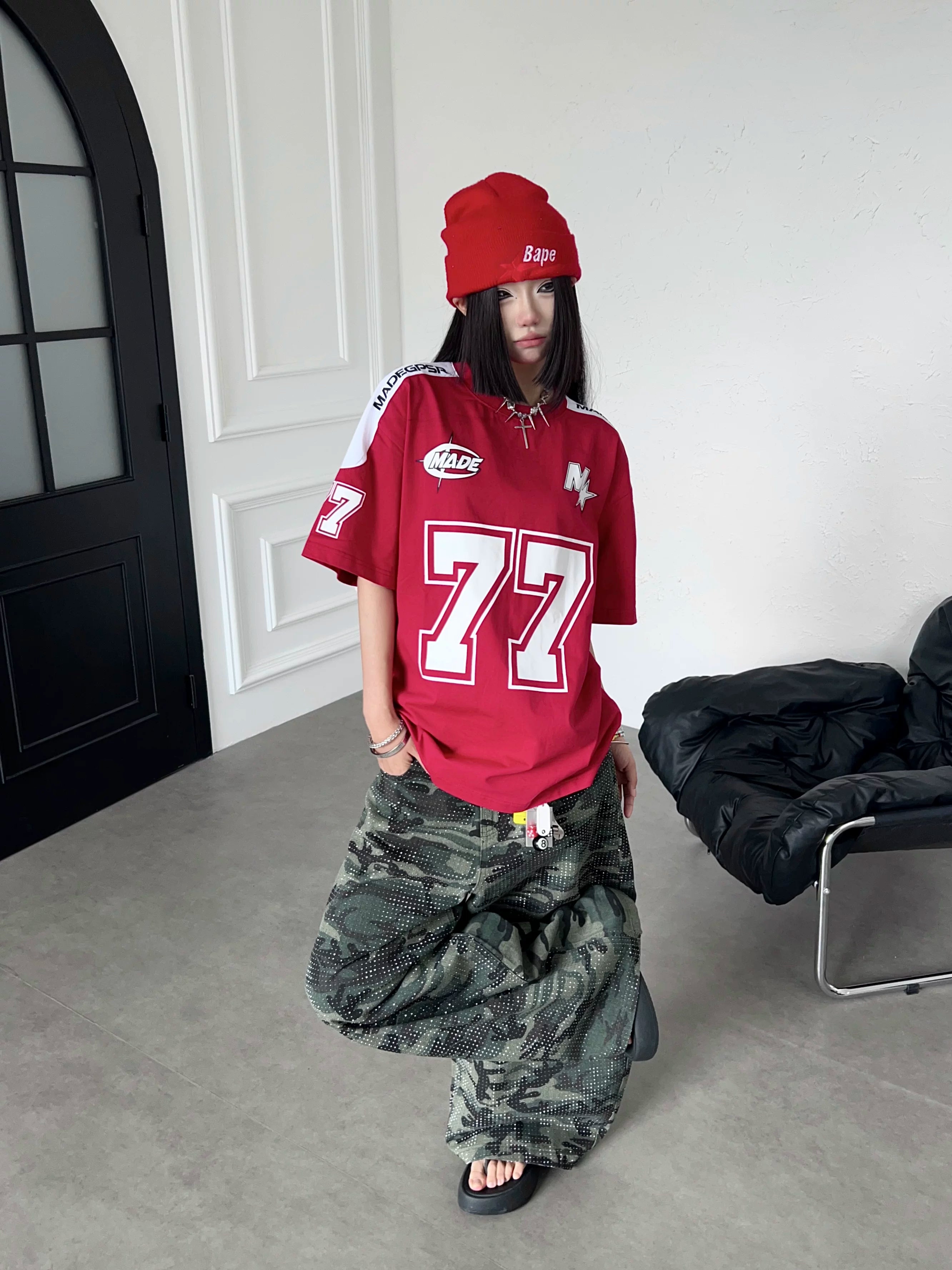 TR BRUSHHIFT American Street Digital Print Color Contrast Splicing Short Sleeve Shirt Loose Half Sleeve Top Summer