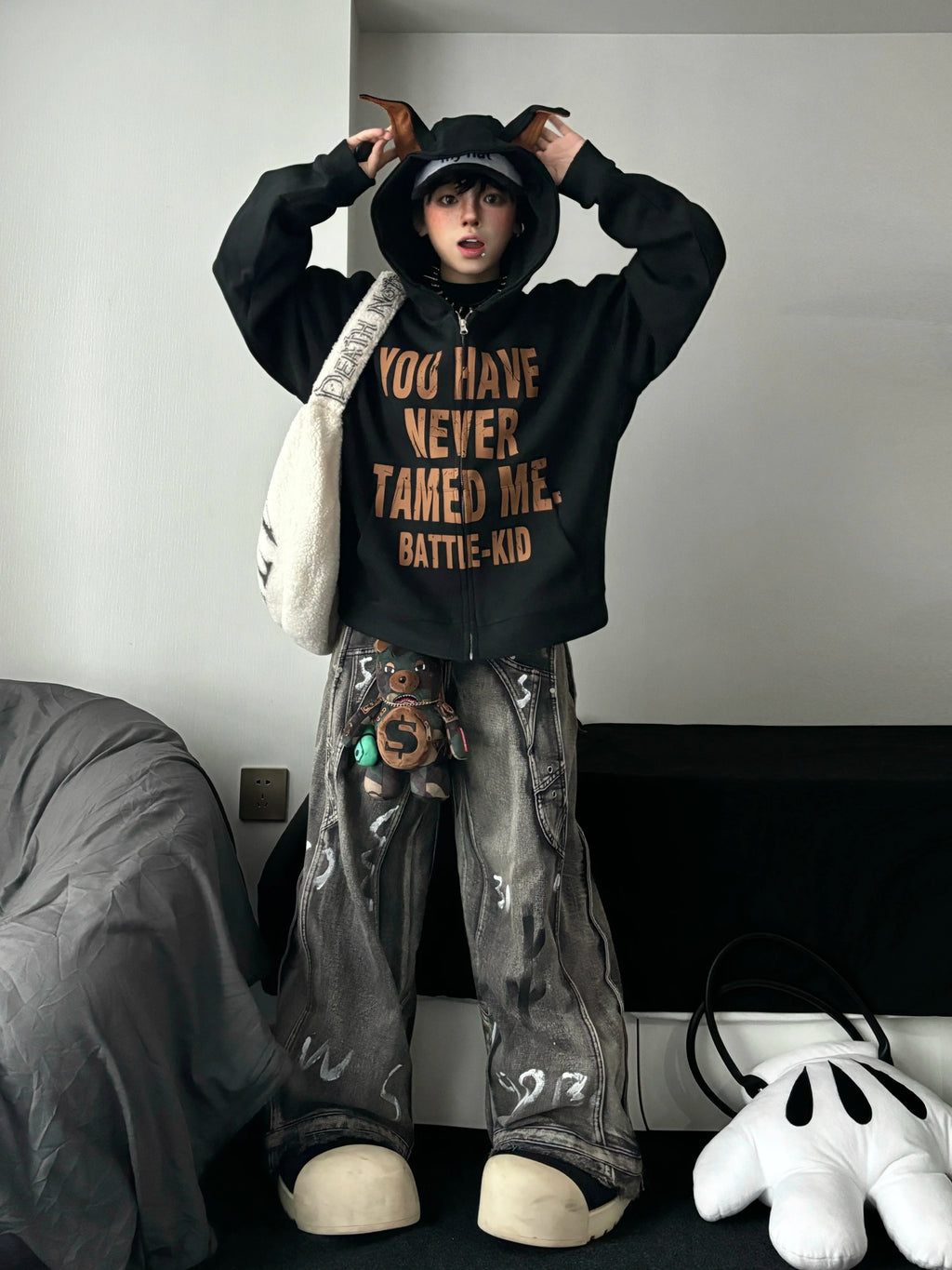 TR BRUSHHIFT American retro vintage distressed graffiti silhouette jeans wide leg mop pants trendy