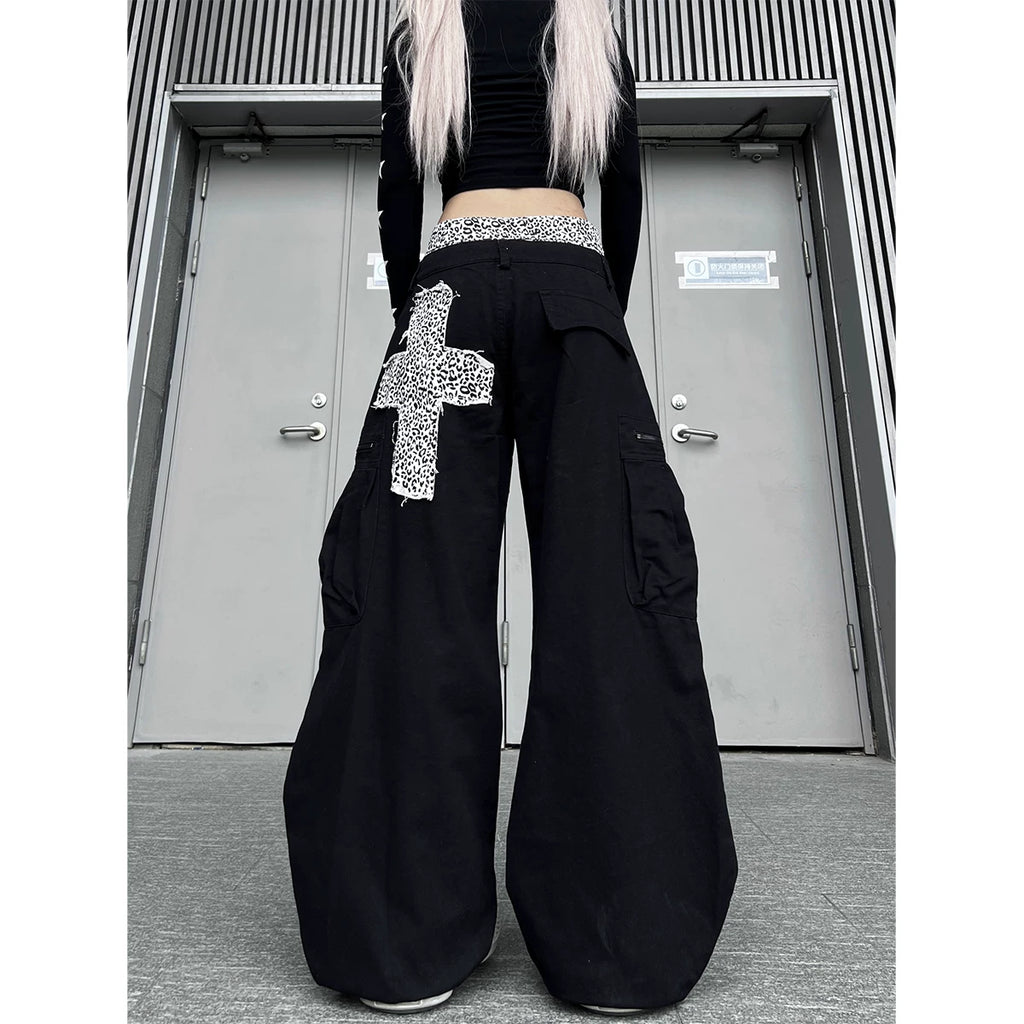 TR BRUSHHIFT street leopard print double waisted spliced curved knife work pants with three-dimensional pockets wide leg casual pants
