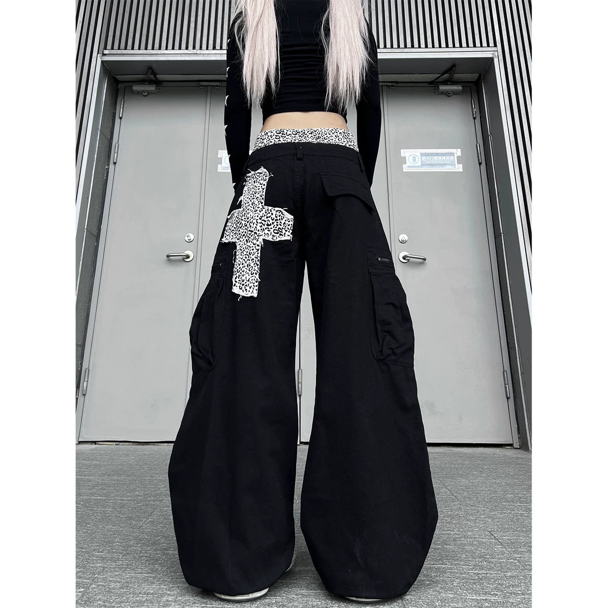 TR BRUSHHIFT street leopard print double waisted spliced curved knife work pants with three-dimensional pockets wide leg casual pants
