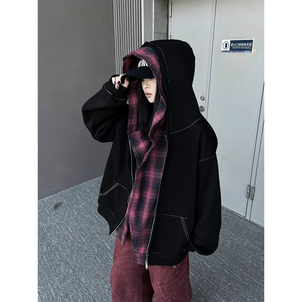 TR BRUSHSHIFT美式复古格子拼接假两件连帽运动衫男女宽松帽衫外套