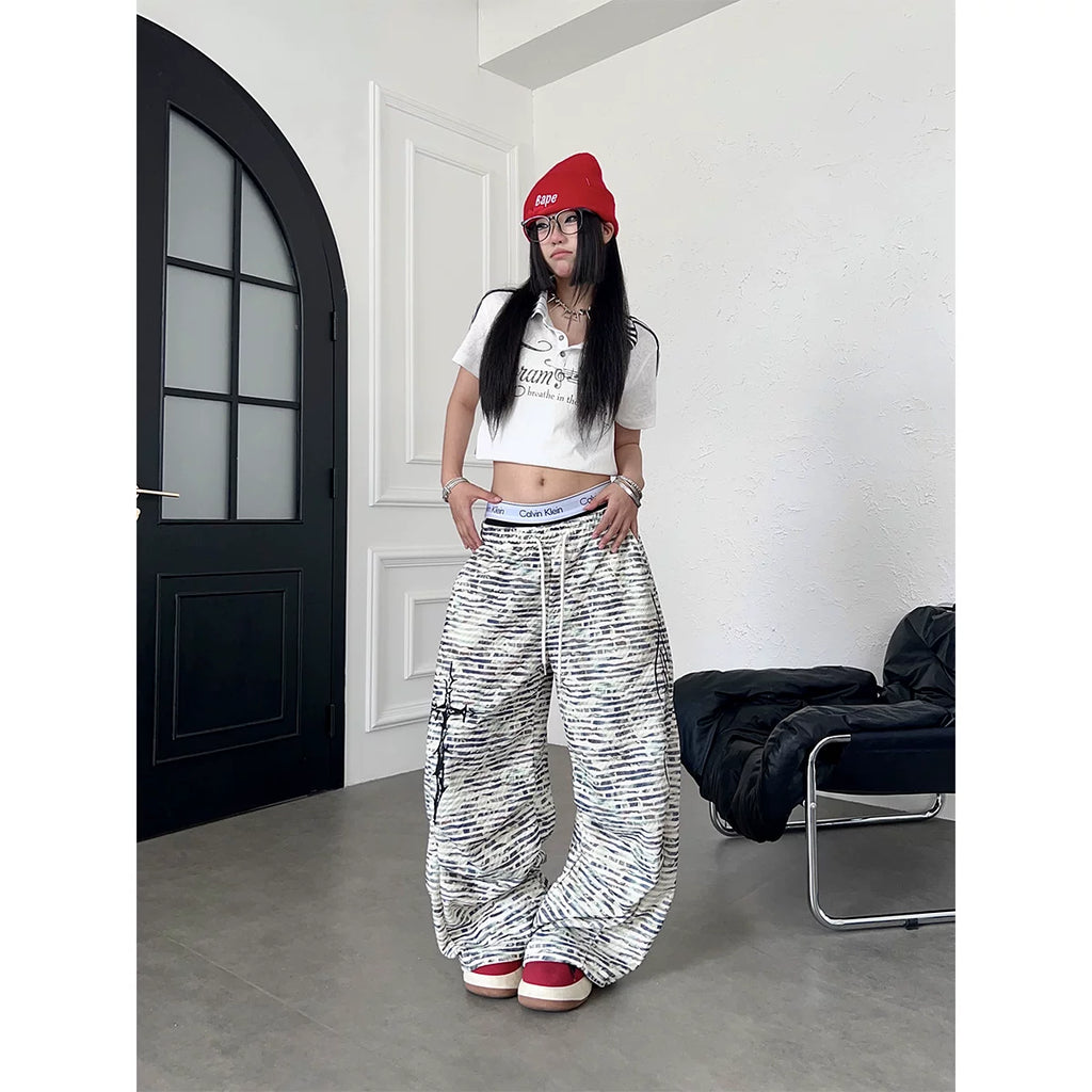 TR BRUSHHIFT American retro camouflage striped letter embroidered casual pants loose workwear wide leg pants