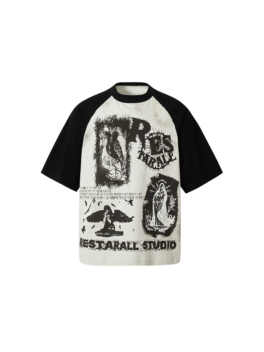 TR BRUSHHIFT American street graffiti print contrasting half sleeved T-shirt casual hip-hop loose top summer