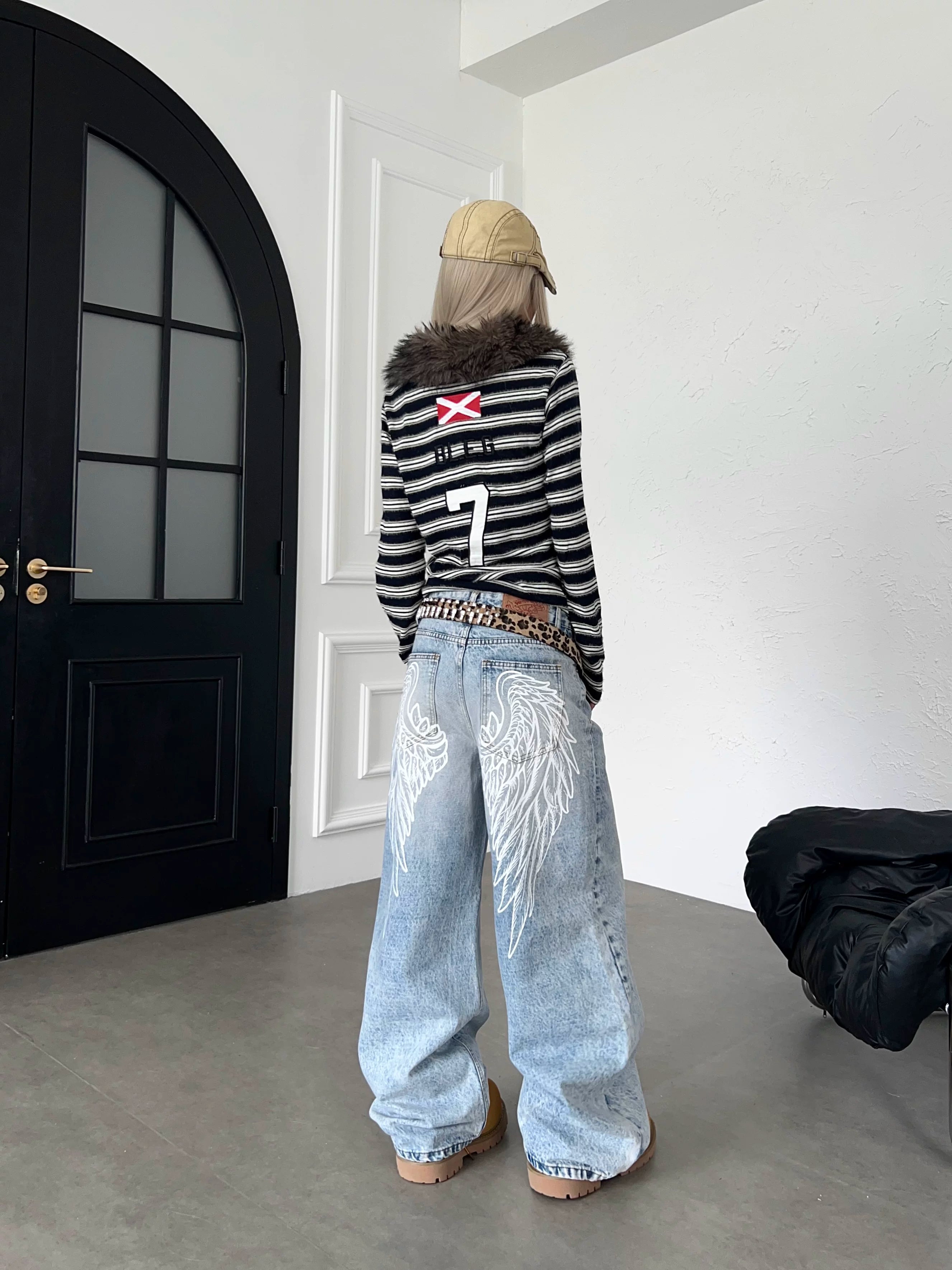 TR BRUSHHIFT American light Asian style warhorse embroidered fur lapel long sleeved hoodie slim striped top