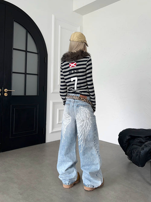 TR BRUSHHIFT American light Asian style warhorse embroidered fur lapel long sleeved hoodie slim striped top
