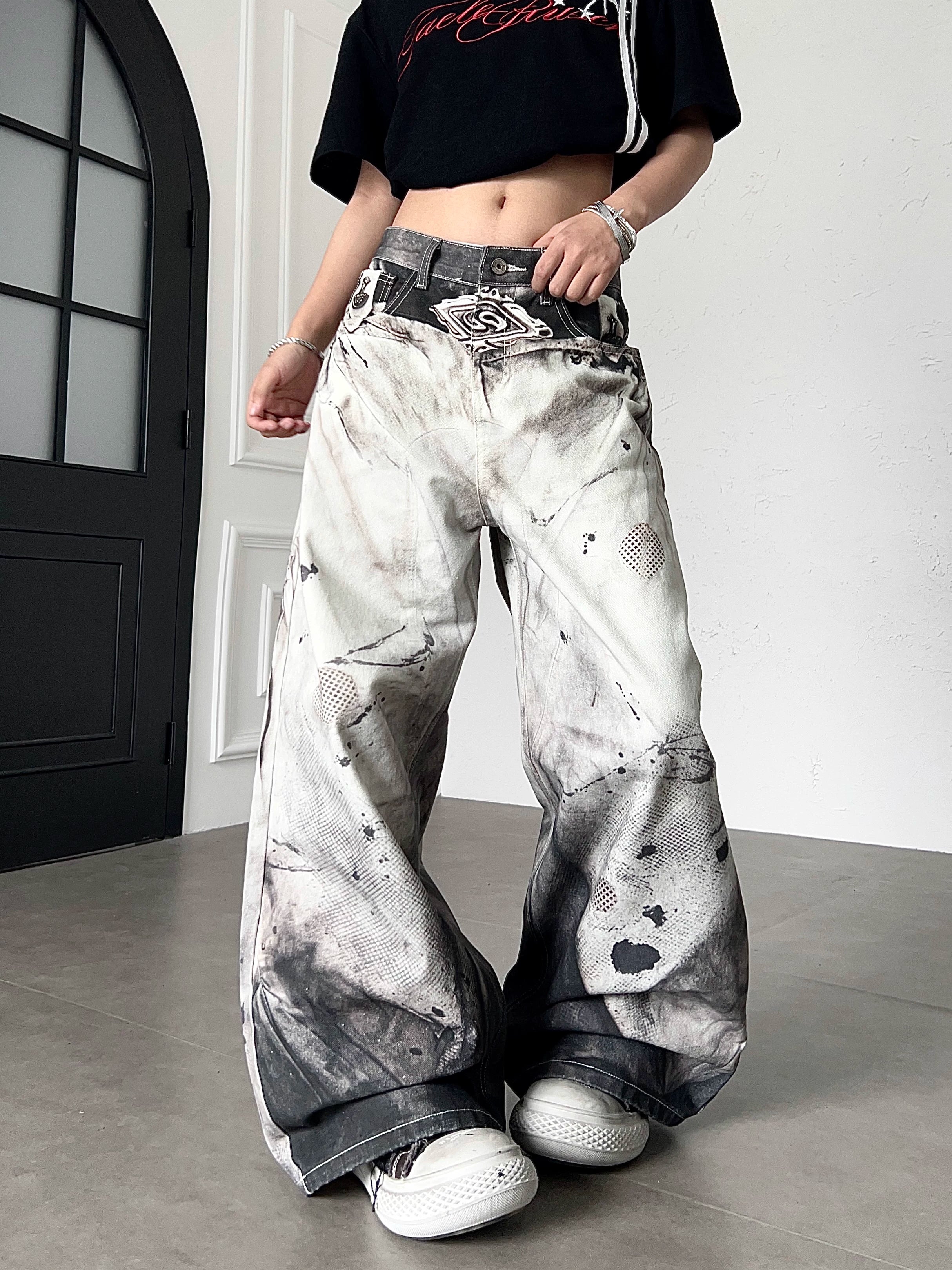 TR BRUSHHIFT American 3D Digital Printing, Dyeing, Splashing Ink, Curved Knife Jeans, Loose Wide Legs, Dirty Pants