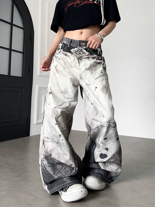 TR BRUSHHIFT American 3D Digital Printing, Dyeing, Splashing Ink, Curved Knife Jeans, Loose Wide Legs, Dirty Pants