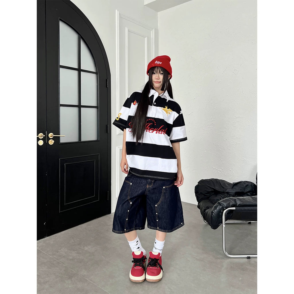 TR BRUSHHIFT American Rivet Deconstruction Double Waist Head Design Cowboy Seven Leg Pants Loose Wide Leg Shorts Summer