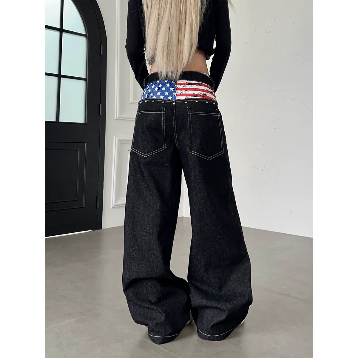 TR BRUSHHIFT American retro vintage vintage flag print nail bead jeans wide leg multi breasted long pants