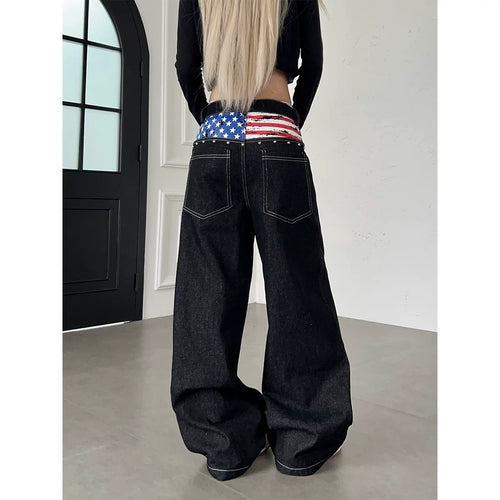 TR BRUSHHIFT American retro vintage vintage flag print nail bead jeans wide leg multi breasted long pants