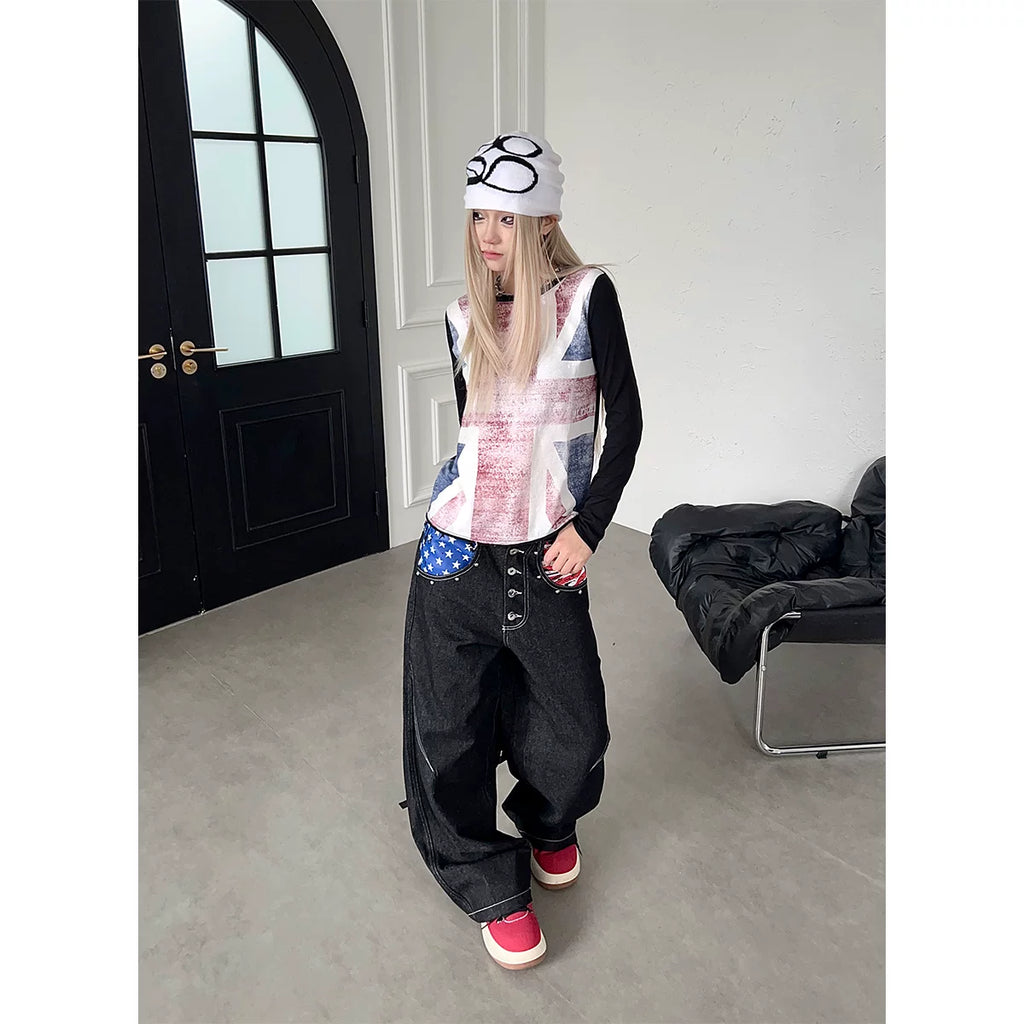 TR BRUSHHIFT American retro vintage vintage flag print nail bead jeans wide leg multi breasted long pants