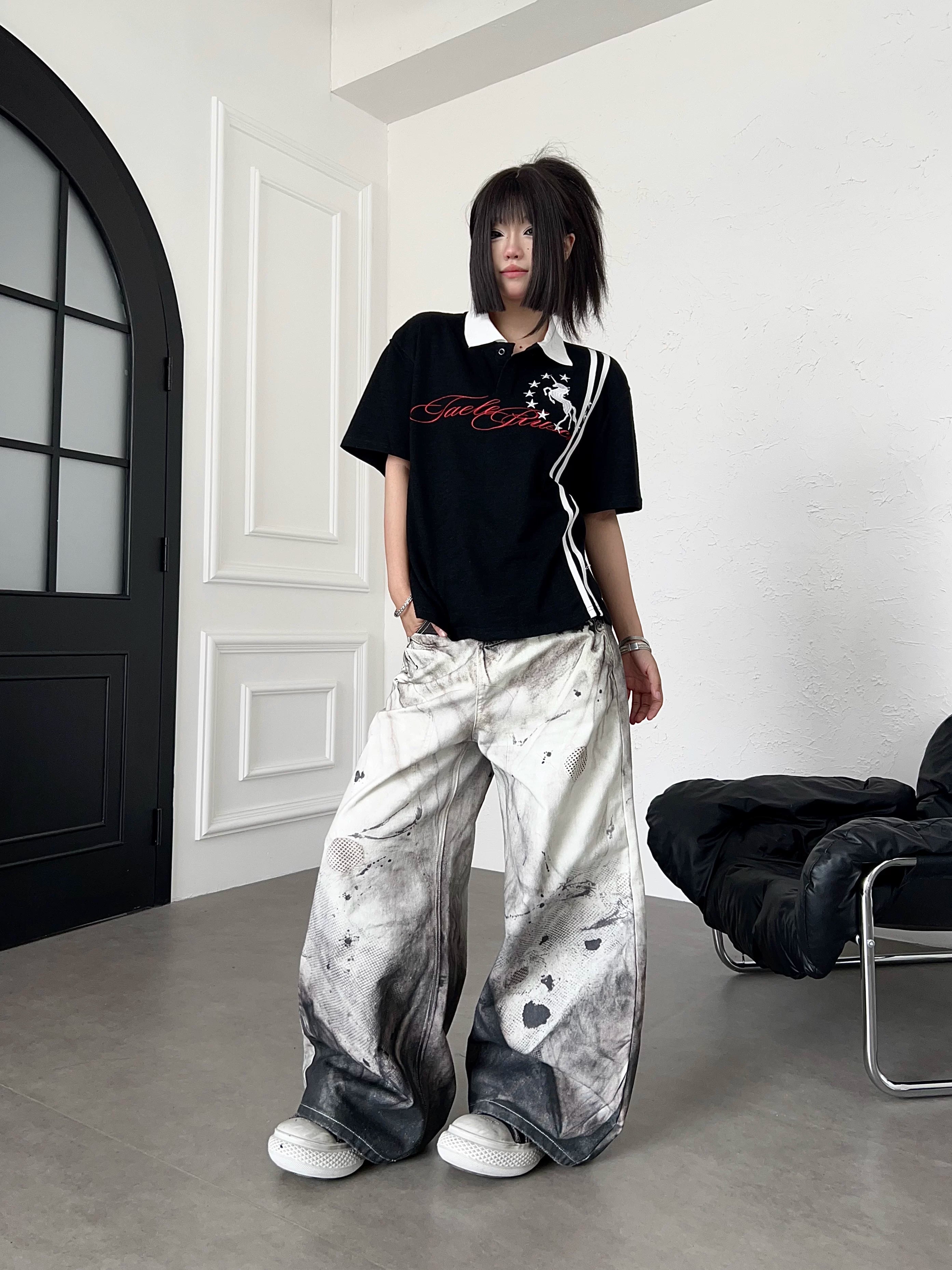 TR BRUSHHIFT American 3D Digital Printing, Dyeing, Splashing Ink, Curved Knife Jeans, Loose Wide Legs, Dirty Pants