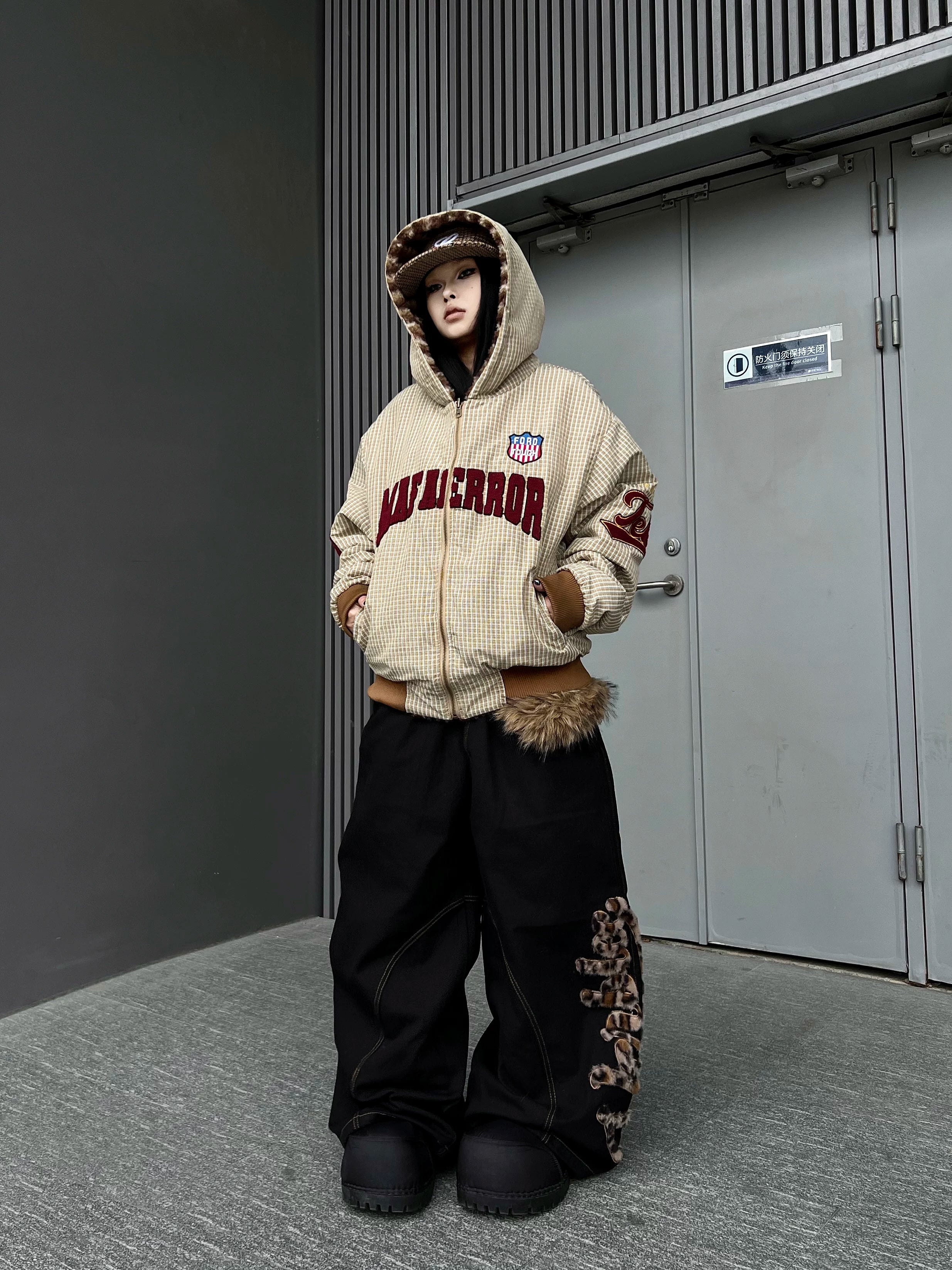 TR BRUSHHIFT American retro embroidered leopard print plush jeans loose jazz dance curved knife wide leg pants