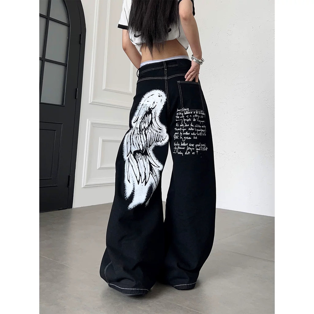 TR BRUSHHIFT American Wings Graffiti Printed Bright Line Jeans Wide Leg Bent Knife Multi Pocket Floor Pants