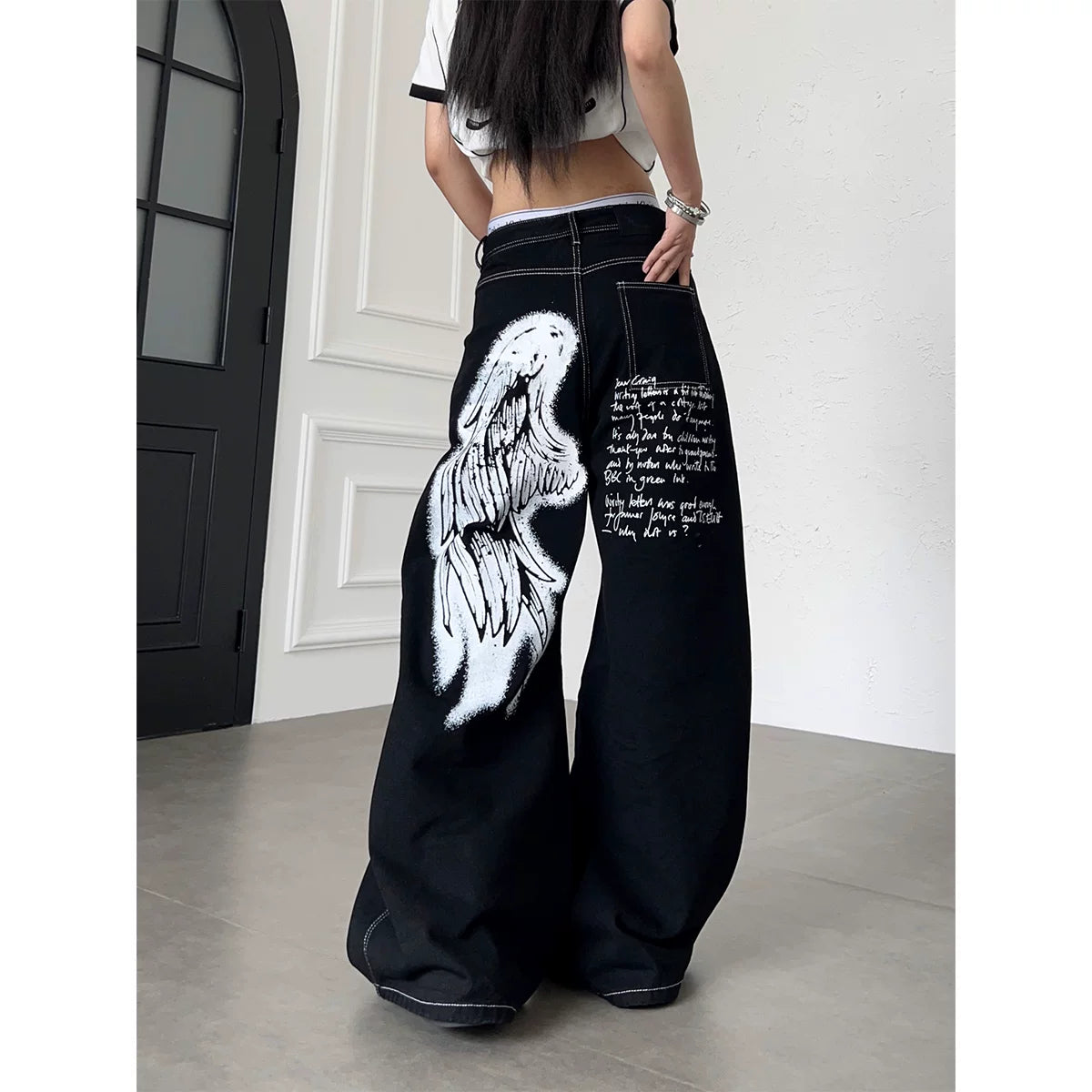 TR BRUSHHIFT American Wings Graffiti Printed Bright Line Jeans Wide Leg Bent Knife Multi Pocket Floor Pants