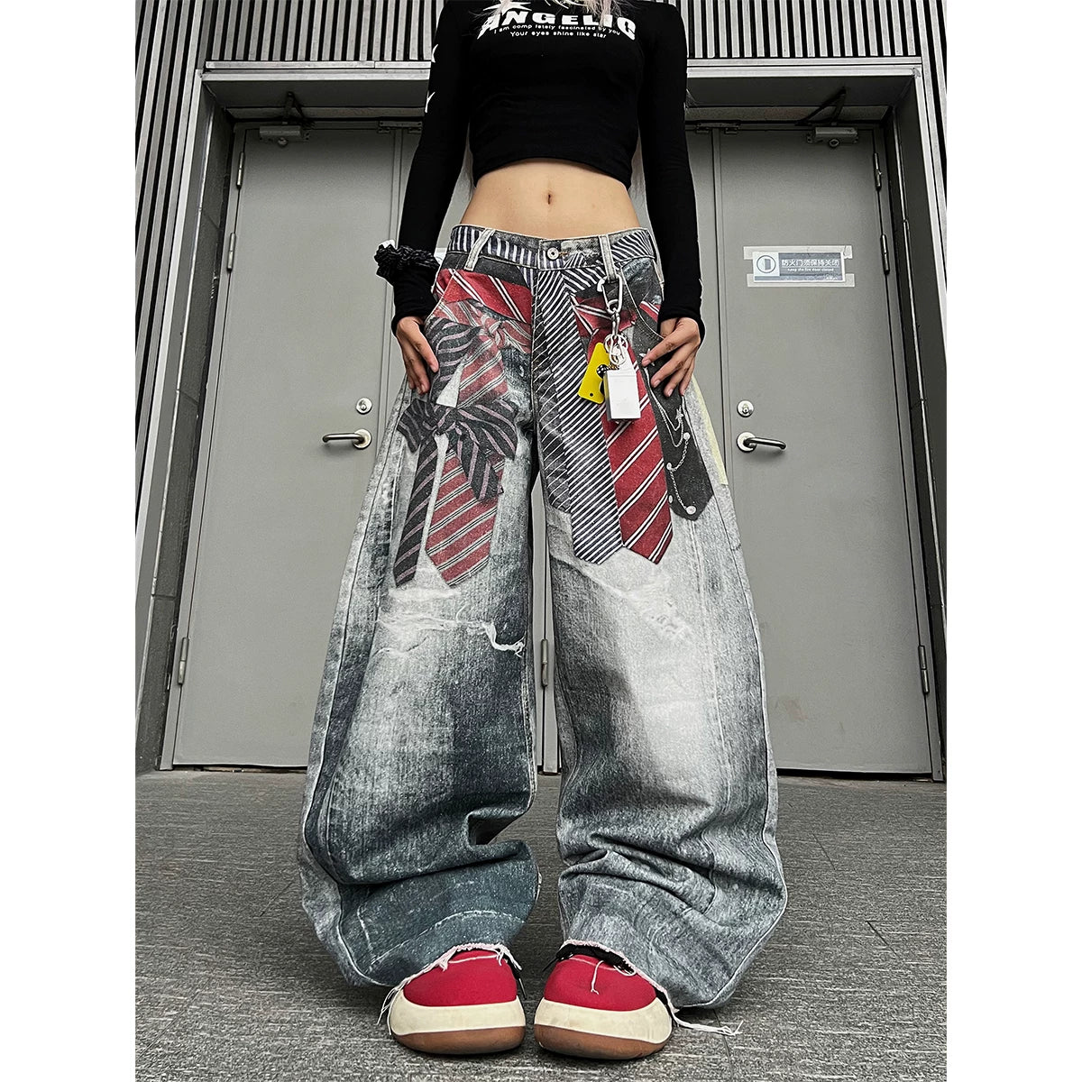 TR BRUSHSHIFT 3D数码打印系带弯刀牛仔裤男女街头设计感阔腿长裤