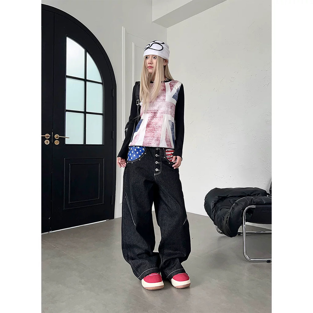 TR BRUSHHIFT American retro vintage vintage flag print nail bead jeans wide leg multi breasted long pants