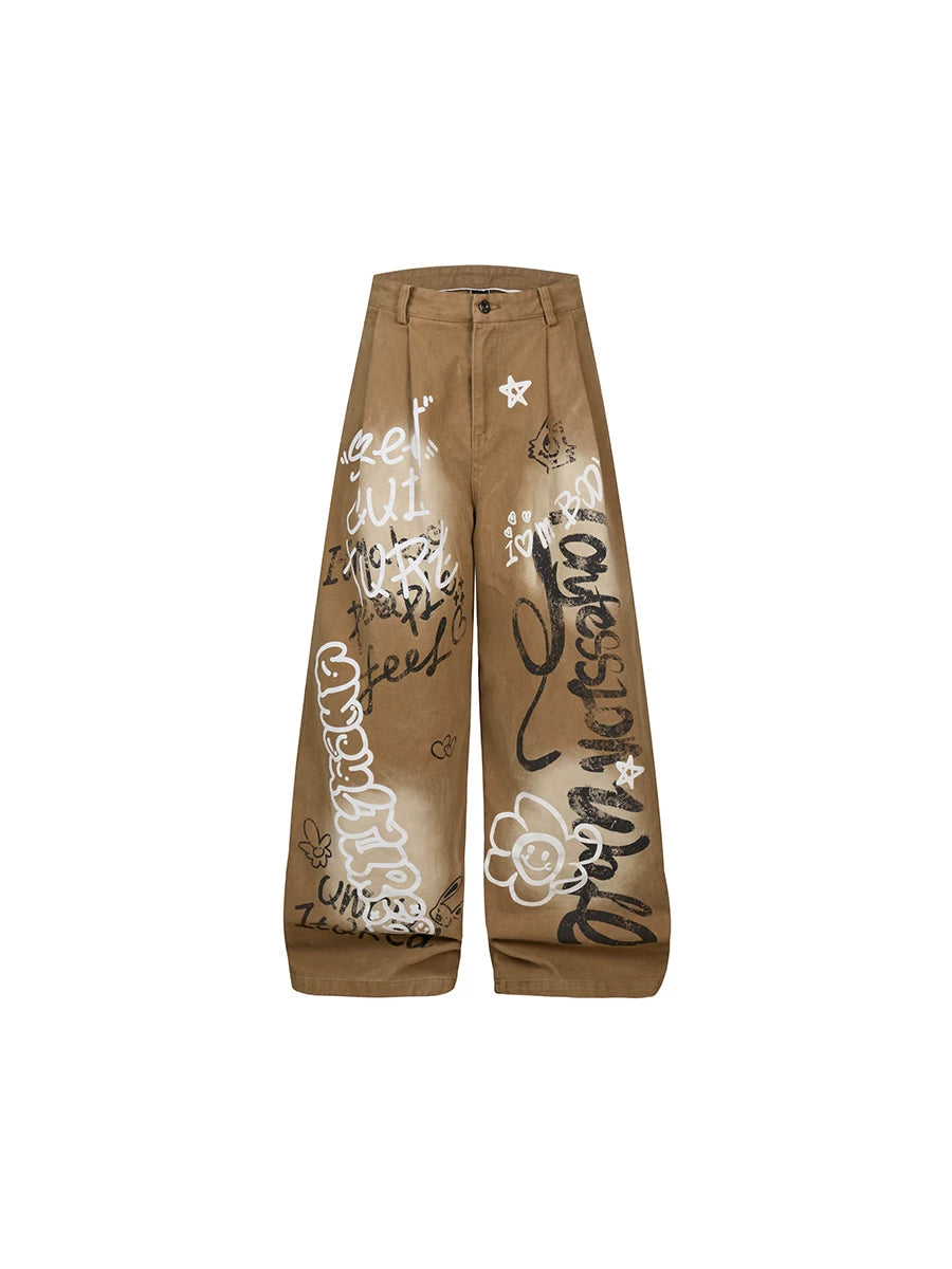 TR BRUSHSHIFT American China-Chic Distressed Wash Graffiti Jeans Vintage Loose Leg Floor Pants