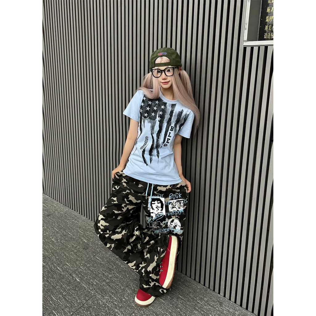TR BRUSHHIFT Street Trendy Brand Printed Camouflage Curved Knife Guard Pants Loose Dancing Drawstring Wide Leg Casual Pants