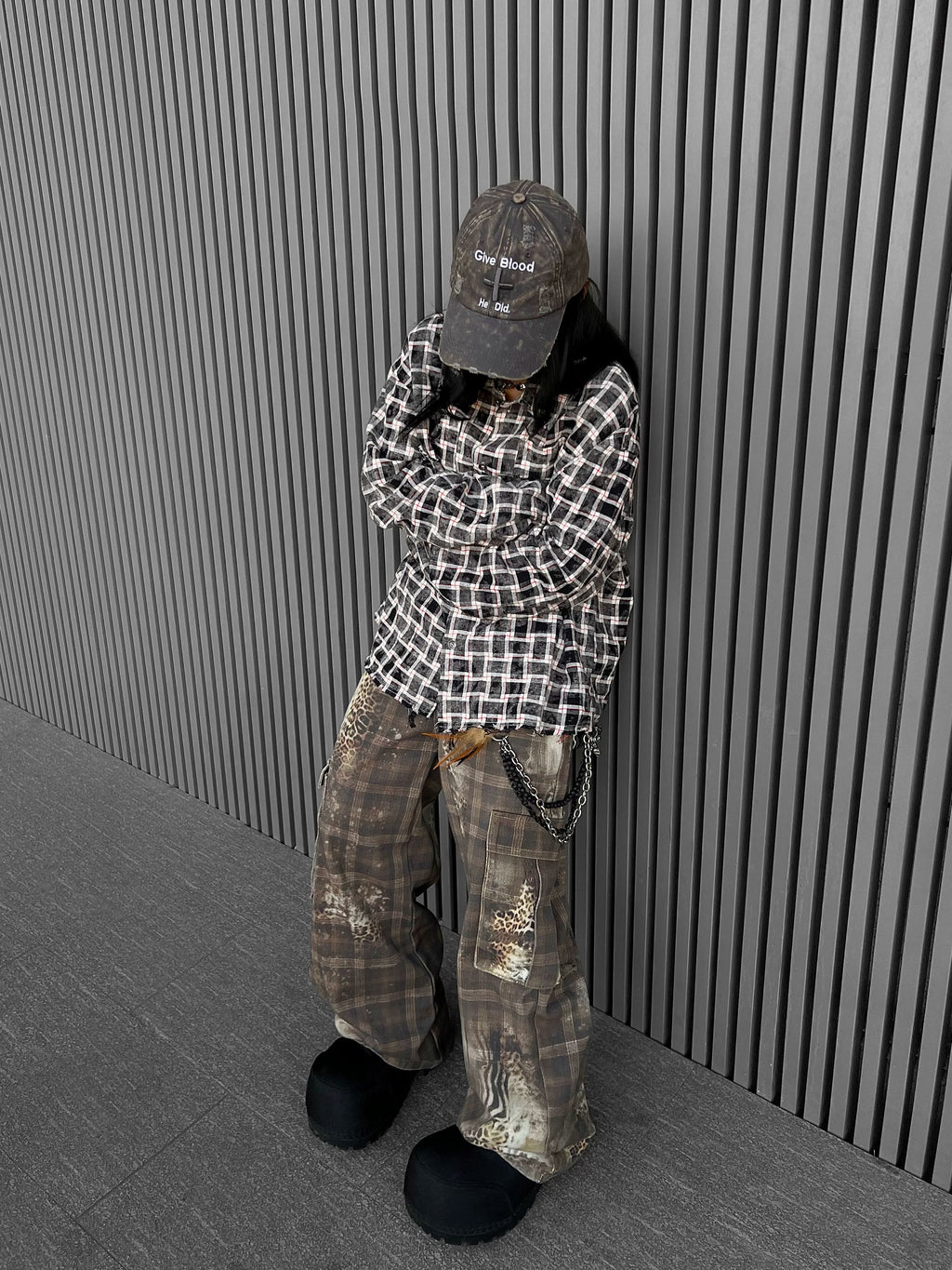 TR BRUSHHIFT American retro leopard print checkered printed curved knife work pants jazz street dance casual pants