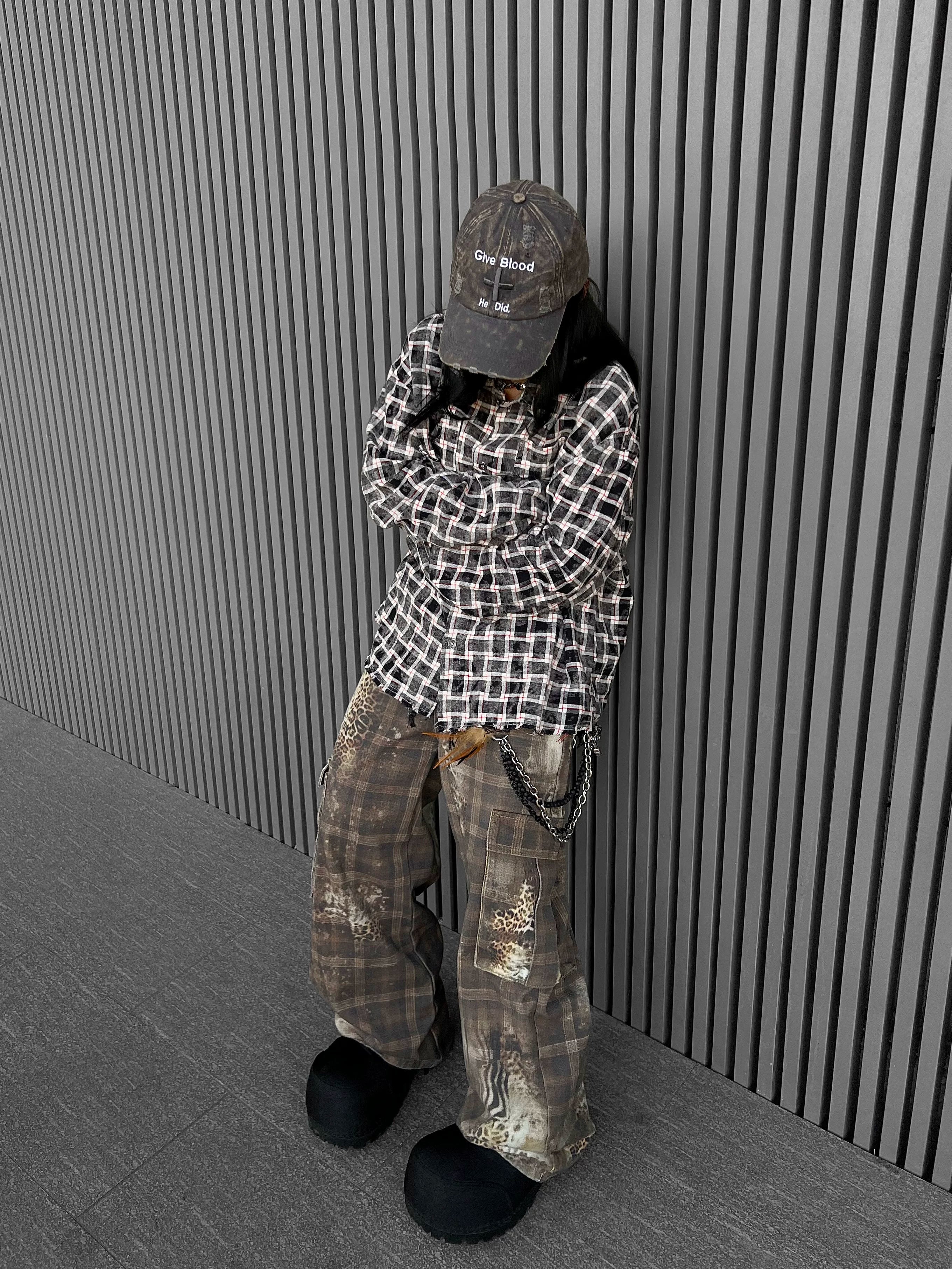 TR BRUSHHIFT American retro leopard print checkered printed curved knife work pants jazz street dance casual pants