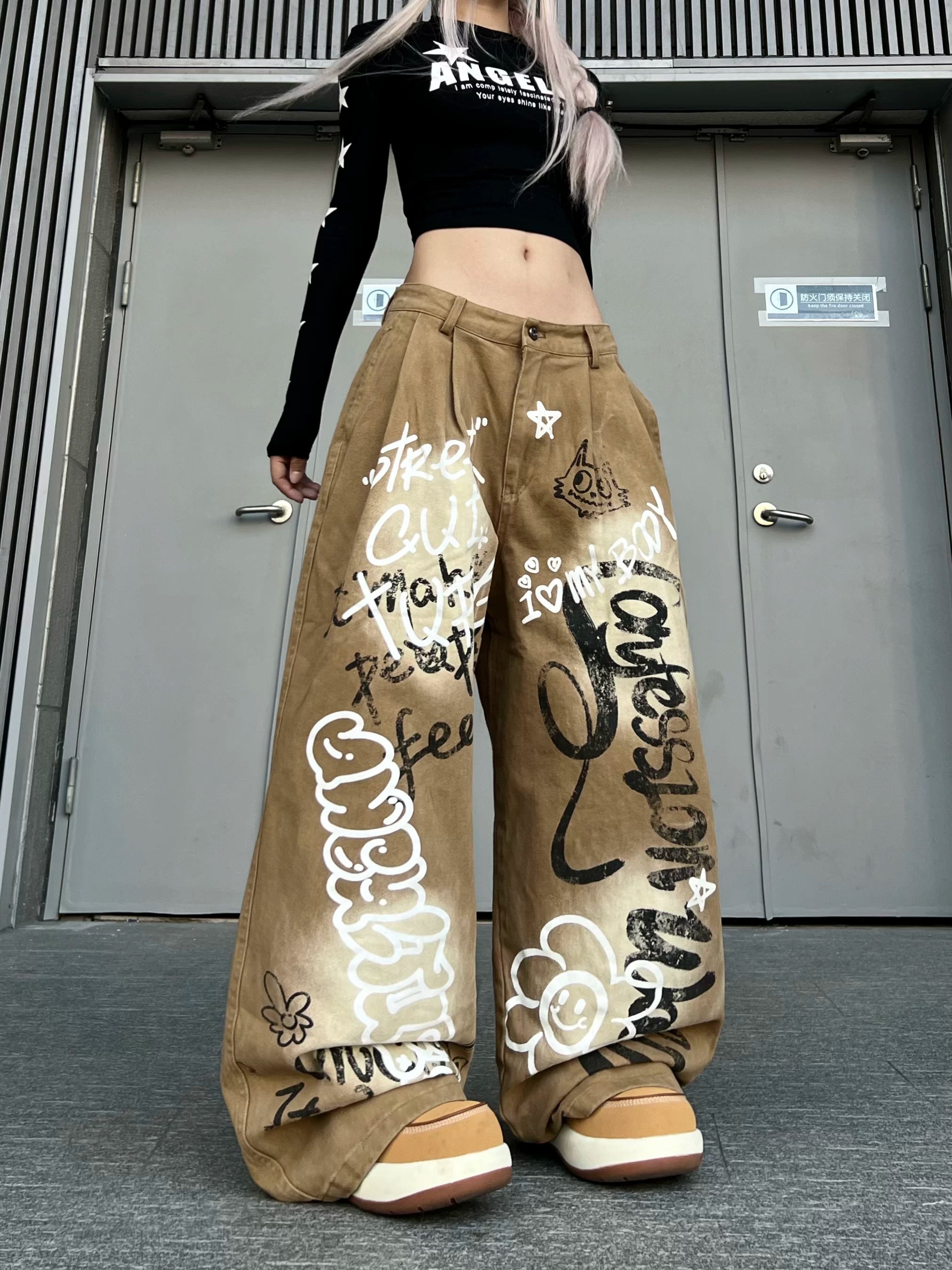 TR BRUSHSHIFT American China-Chic Distressed Wash Graffiti Jeans Vintage Loose Leg Floor Pants