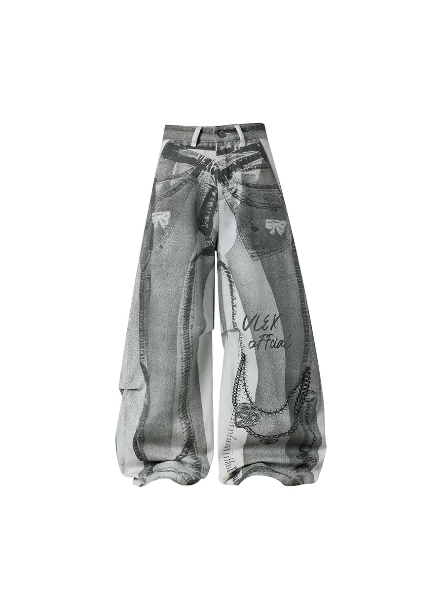 TR BRUSHHIFT 3D digital printing direct spray process jeans American Y2K pleated curved knife wide leg pants