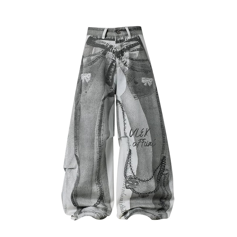 TR BRUSHHIFT 3D digital printing direct spray process jeans American Y2K pleated curved knife wide leg pants