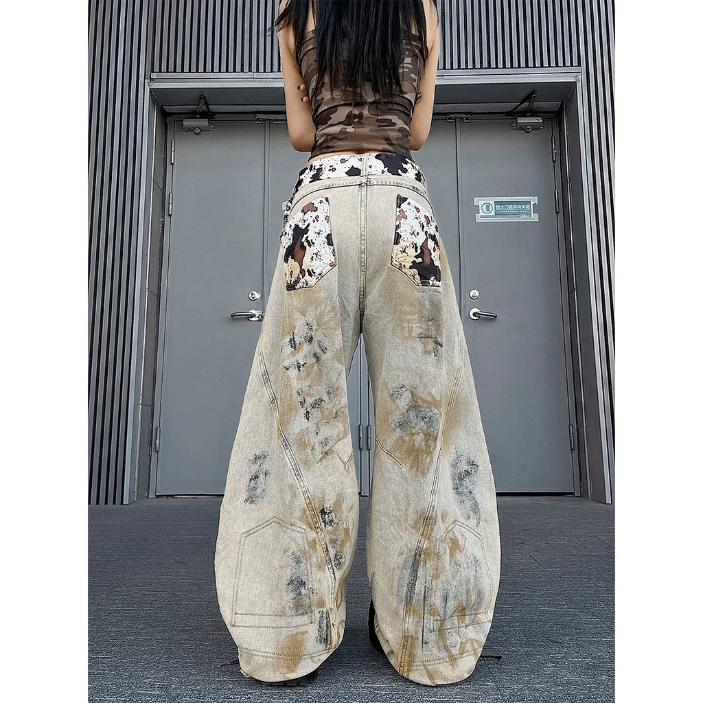 TR BRUSHHIFT American Heavy Industry Tie Dyeing Deconstructed Bent Knife Jeans Street Loose Matching Strap Wide Leg Pants