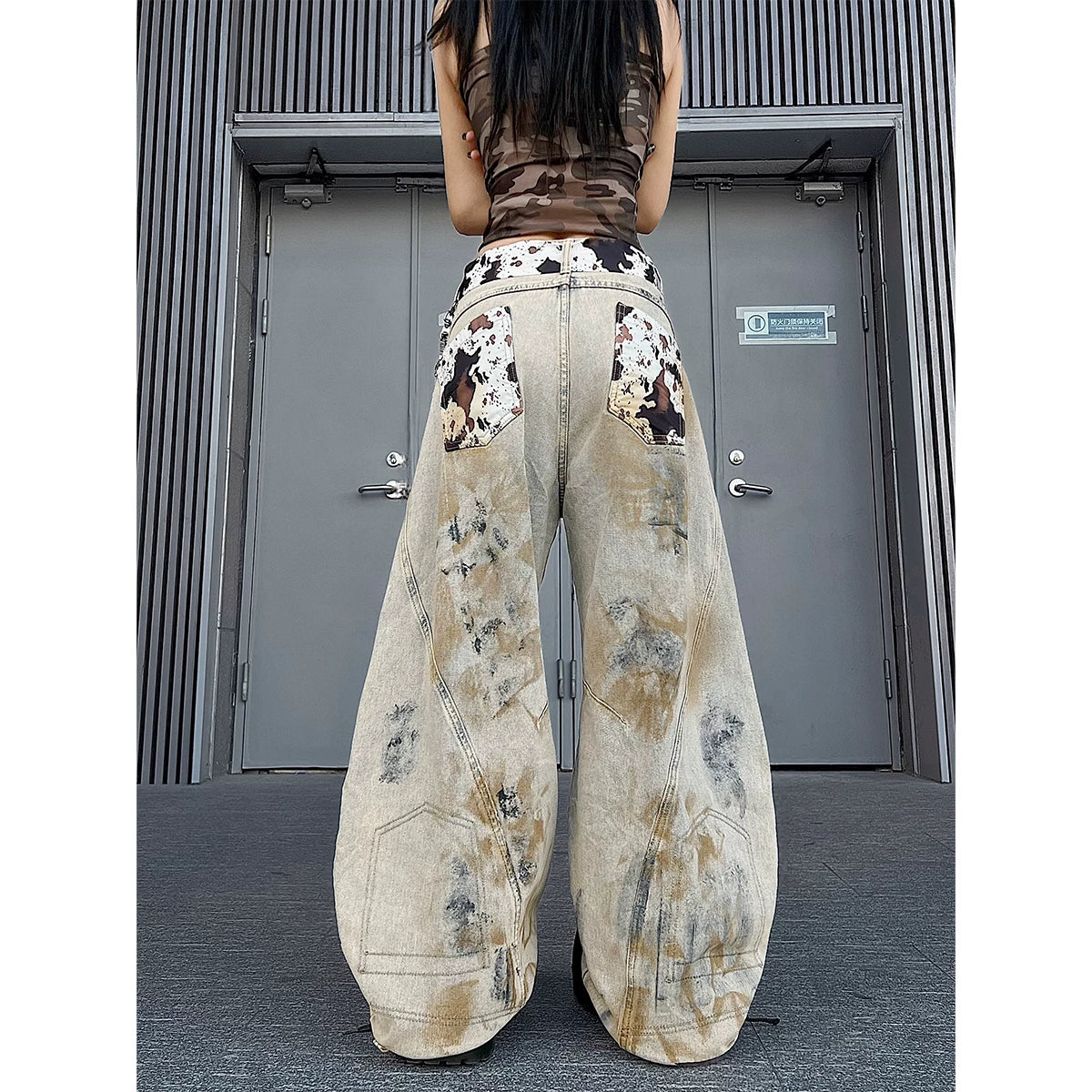 TR BRUSHHIFT American Heavy Industry Tie Dyeing Deconstructed Bent Knife Jeans Street Loose Matching Strap Wide Leg Pants